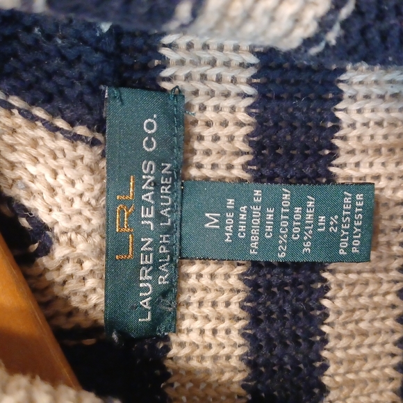 Lauren Ralph Lauren LRL Linen Cotton Blend Cardigan Belted Blue Striped Sweater - Picture 2 of 13